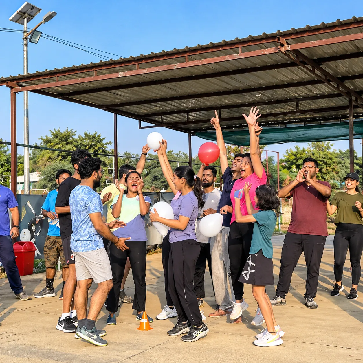 Group cheering during a balloon game under a pavilion