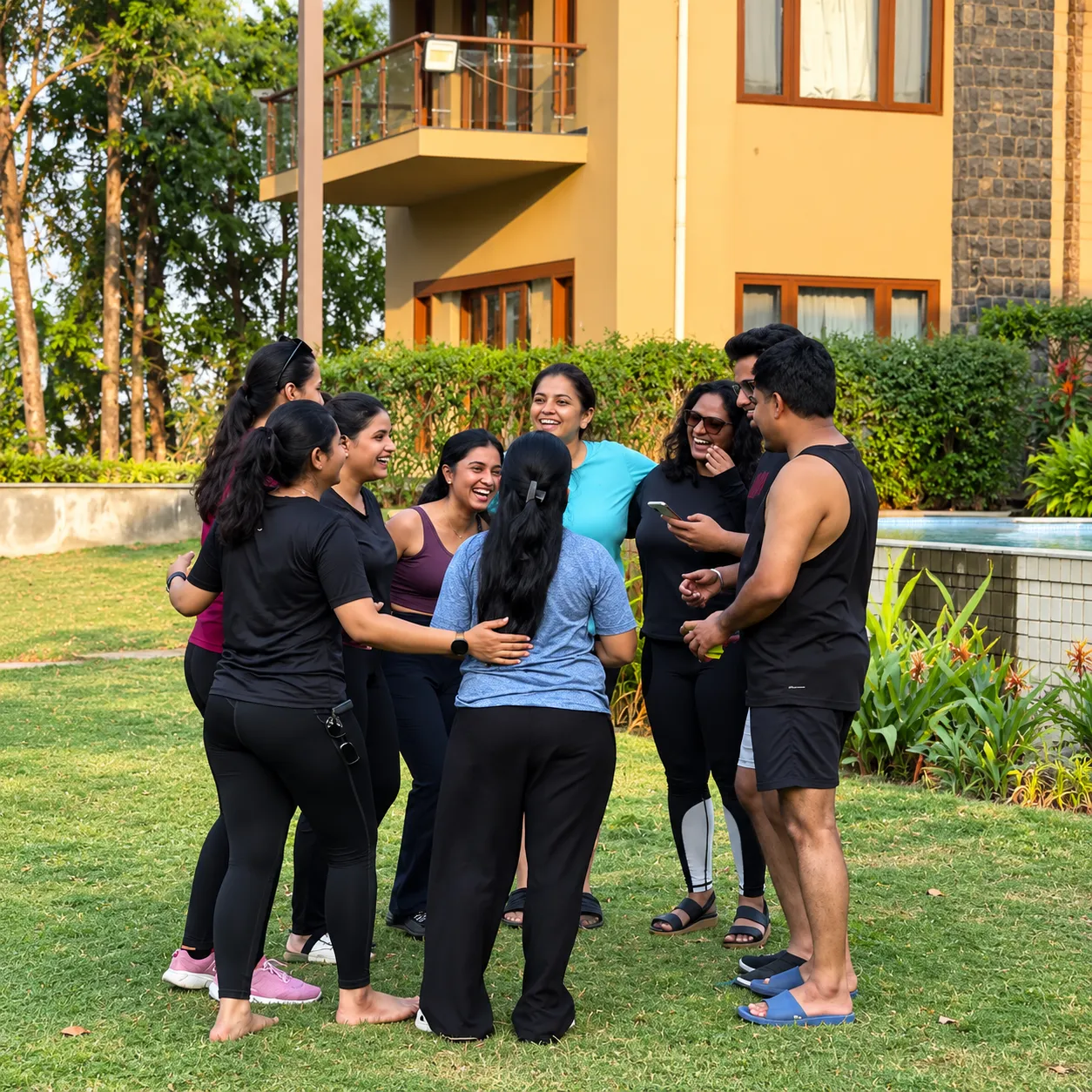 Group laughing together on a lawn after a workout